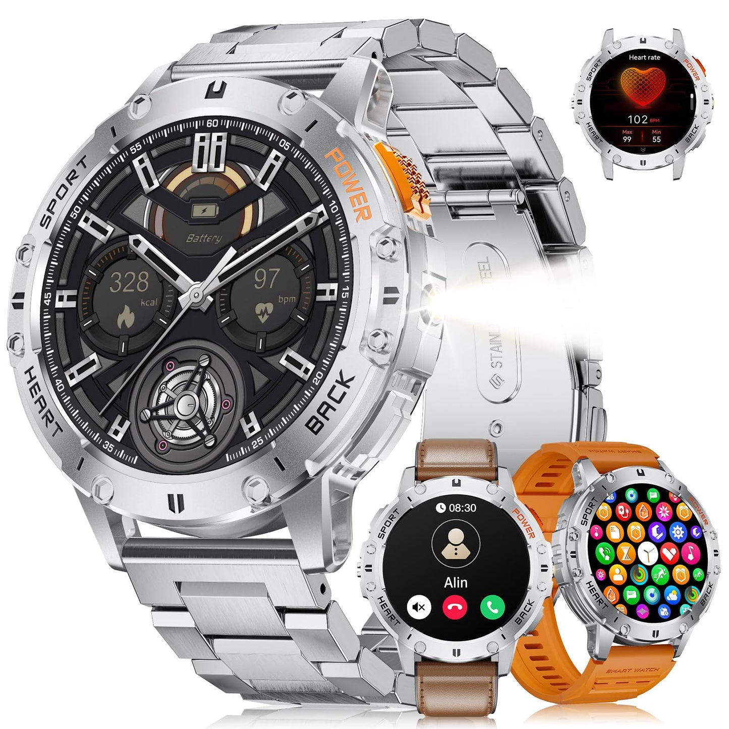 Smart Watch for Men for Android/iOS(3 Bands),1.43’’ AMOLED Display Sport Watch with 123 Sport Modes/FlashLight,5ATM Waterproof Fitness Tracker with Blood Pressure/Heart Rate/Sleep Monitor,Metal