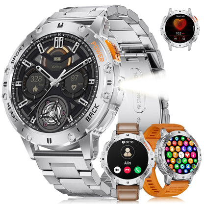 Smart Watch for Men for Android/iOS(3 Bands),1.43’’ AMOLED Display Sport Watch with 123 Sport Modes/FlashLight,5ATM Waterproof Fitness Tracker with Blood Pressure/Heart Rate/Sleep Monitor,Metal
