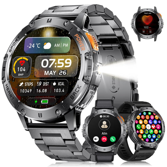 Smart Watch for Men for Android/iOS(3 Bands),1.43’’ AMOLED Display Sport Watch with 123 Sport Modes/FlashLight,5ATM Waterproof Fitness Tracker with Blood Pressure/Heart Rate/Sleep Monitor,Metal