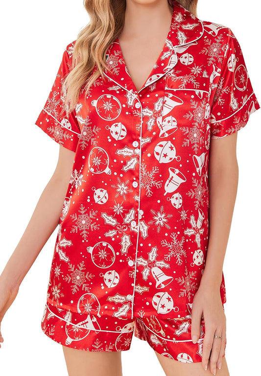 Ekouaer Silk Pajamas for Women Set Short Sleeve Sleepwear Soft Button Down Loungewear 2 Piece Satin Pjs Shorts Set S-XXL