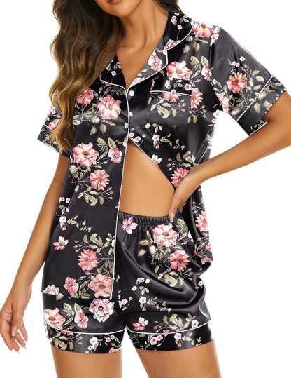 Ekouaer Silk Pajamas for Women Set Short Sleeve Sleepwear Soft Button Down Loungewear 2 Piece Satin Pjs Shorts Set S-XXL