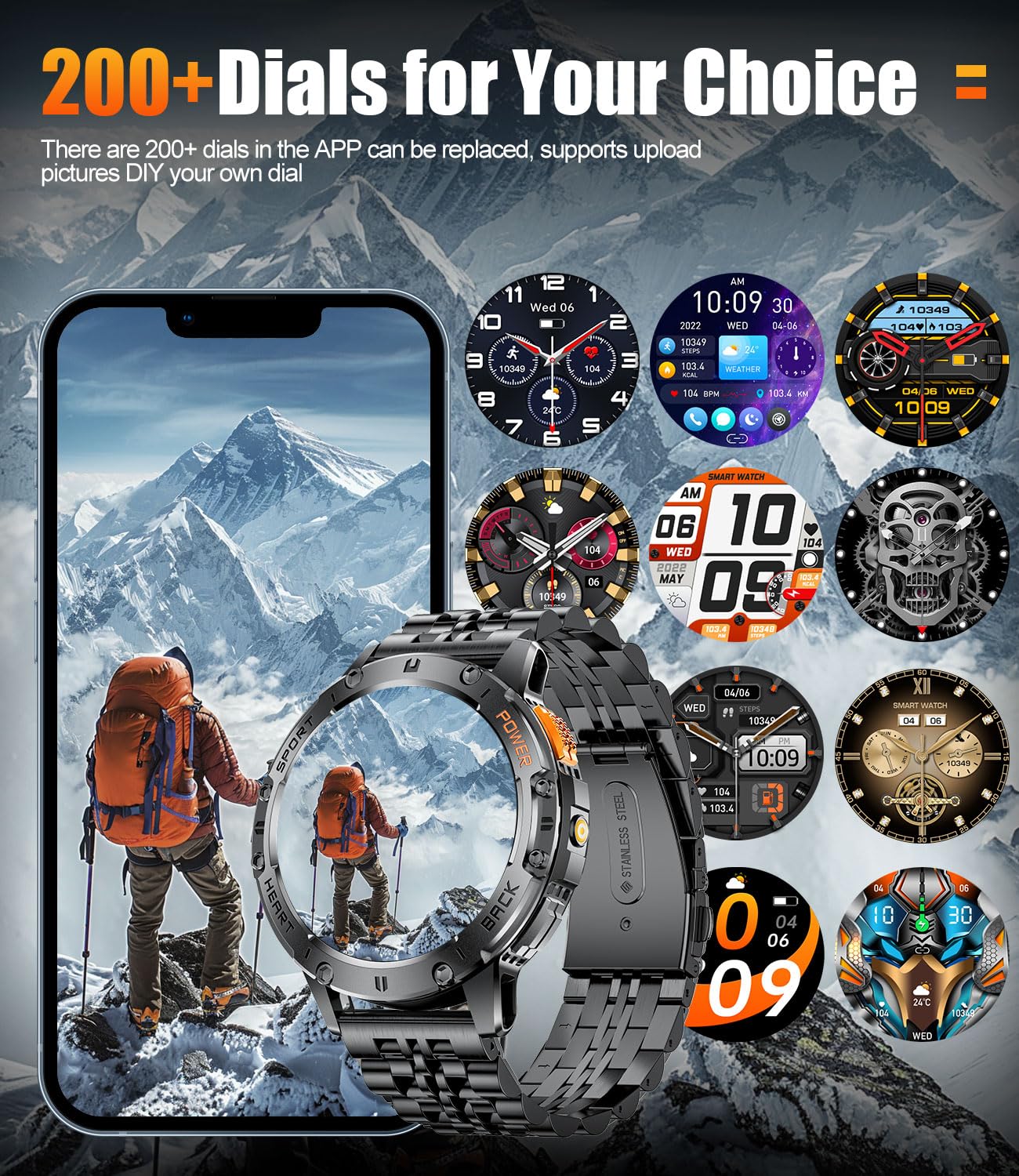 Smart Watch for Men for Android/iOS(3 Bands),1.43’’ AMOLED Display Sport Watch with 123 Sport Modes/FlashLight,5ATM Waterproof Fitness Tracker with Blood Pressure/Heart Rate/Sleep Monitor,Metal