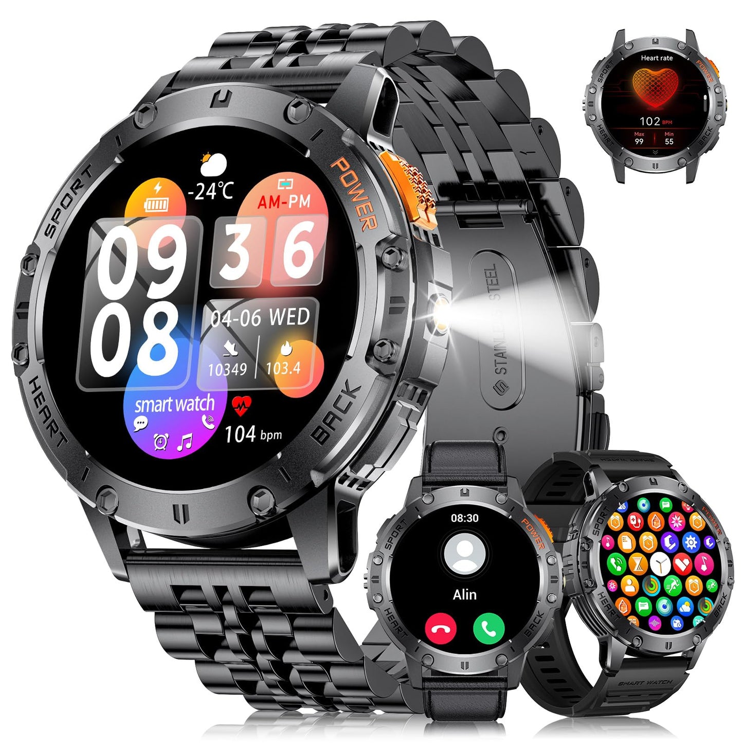 Smart Watch for Men for Android/iOS(3 Bands),1.43’’ AMOLED Display Sport Watch with 123 Sport Modes/FlashLight,5ATM Waterproof Fitness Tracker with Blood Pressure/Heart Rate/Sleep Monitor,Metal
