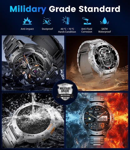 Smart Watch for Men for Android/iOS(3 Bands),1.43’’ AMOLED Display Sport Watch with 123 Sport Modes/FlashLight,5ATM Waterproof Fitness Tracker with Blood Pressure/Heart Rate/Sleep Monitor,Metal