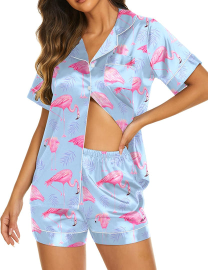 Ekouaer Silk Pajamas for Women Set Short Sleeve Sleepwear Soft Button Down Loungewear 2 Piece Satin Pjs Shorts Set S-XXL