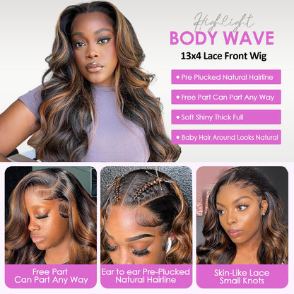 Highlight Ombre Lace Front Wig Human Hair Body Wave Lace Front Wigs Human Hair Pre Plucked 13x4 1B/30 Brown Highlight Wig 200 Density Colored 26 Inch Balayage Glueless Wigs for Women