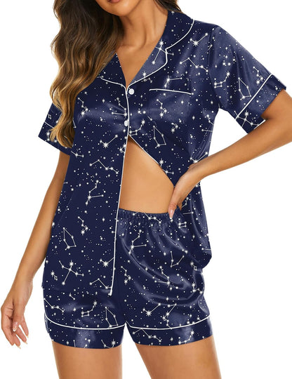 Ekouaer Silk Pajamas for Women Set Short Sleeve Sleepwear Soft Button Down Loungewear 2 Piece Satin Pjs Shorts Set S-XXL