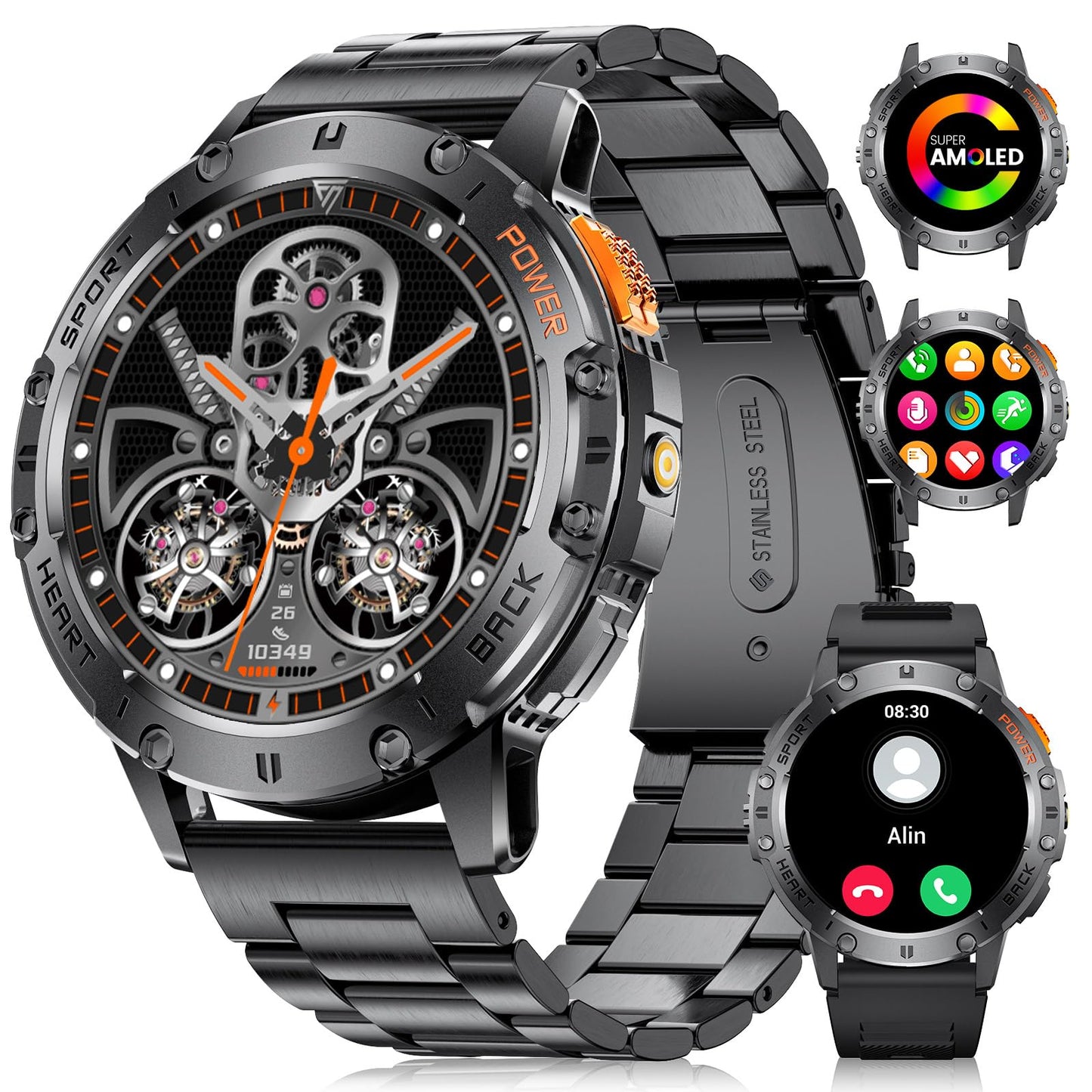 Smart Watch for Men for Android/iOS(3 Bands),1.43’’ AMOLED Display Sport Watch with 123 Sport Modes/FlashLight,5ATM Waterproof Fitness Tracker with Blood Pressure/Heart Rate/Sleep Monitor,Metal