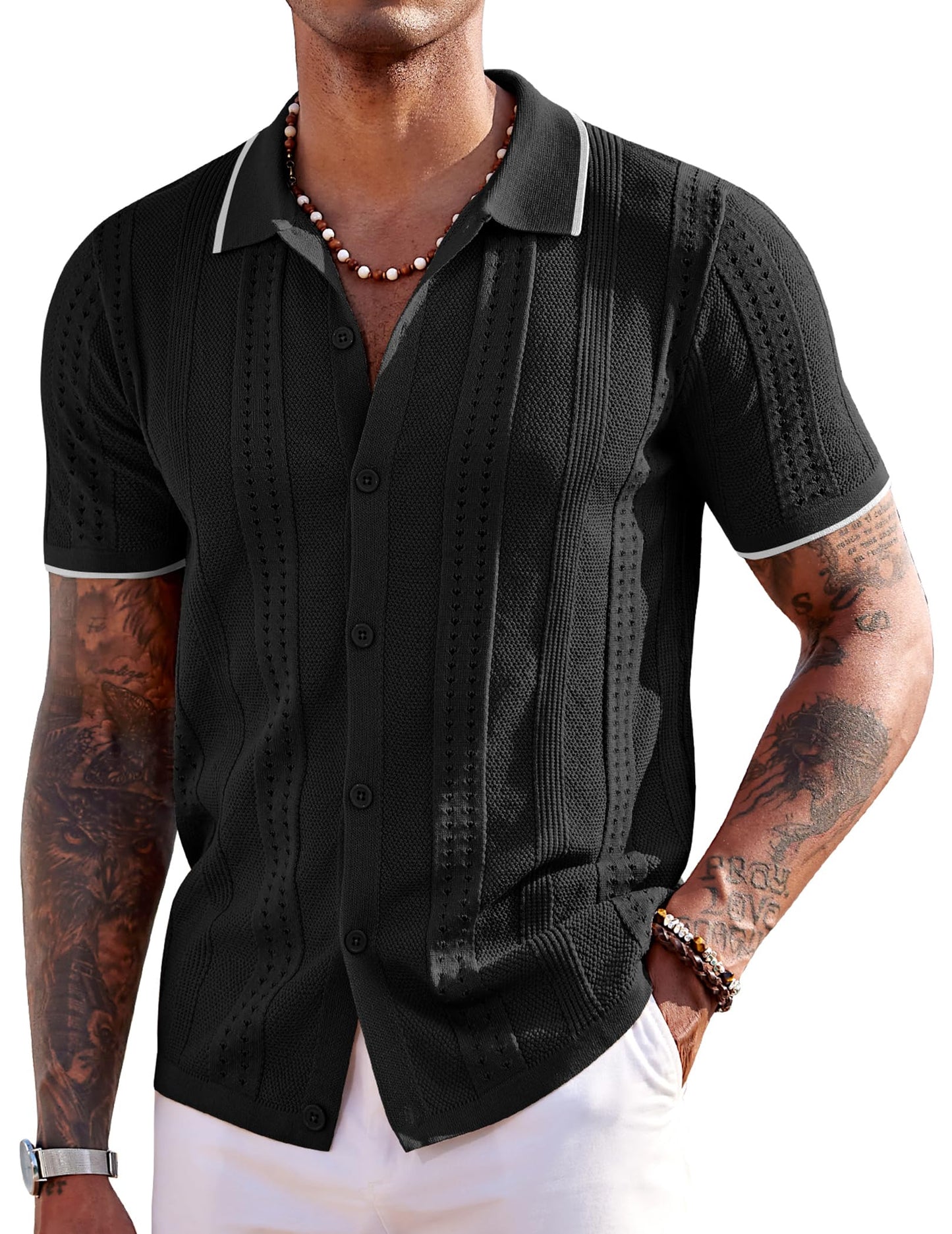COOFANDY Men's Knit Shirts Short Sleeve Button Down Polo Shirt Fashion Casual Summer Beach Shirts