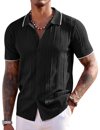 COOFANDY Men's Knit Shirts Short Sleeve Button Down Polo Shirt Fashion Casual Summer Beach Shirts