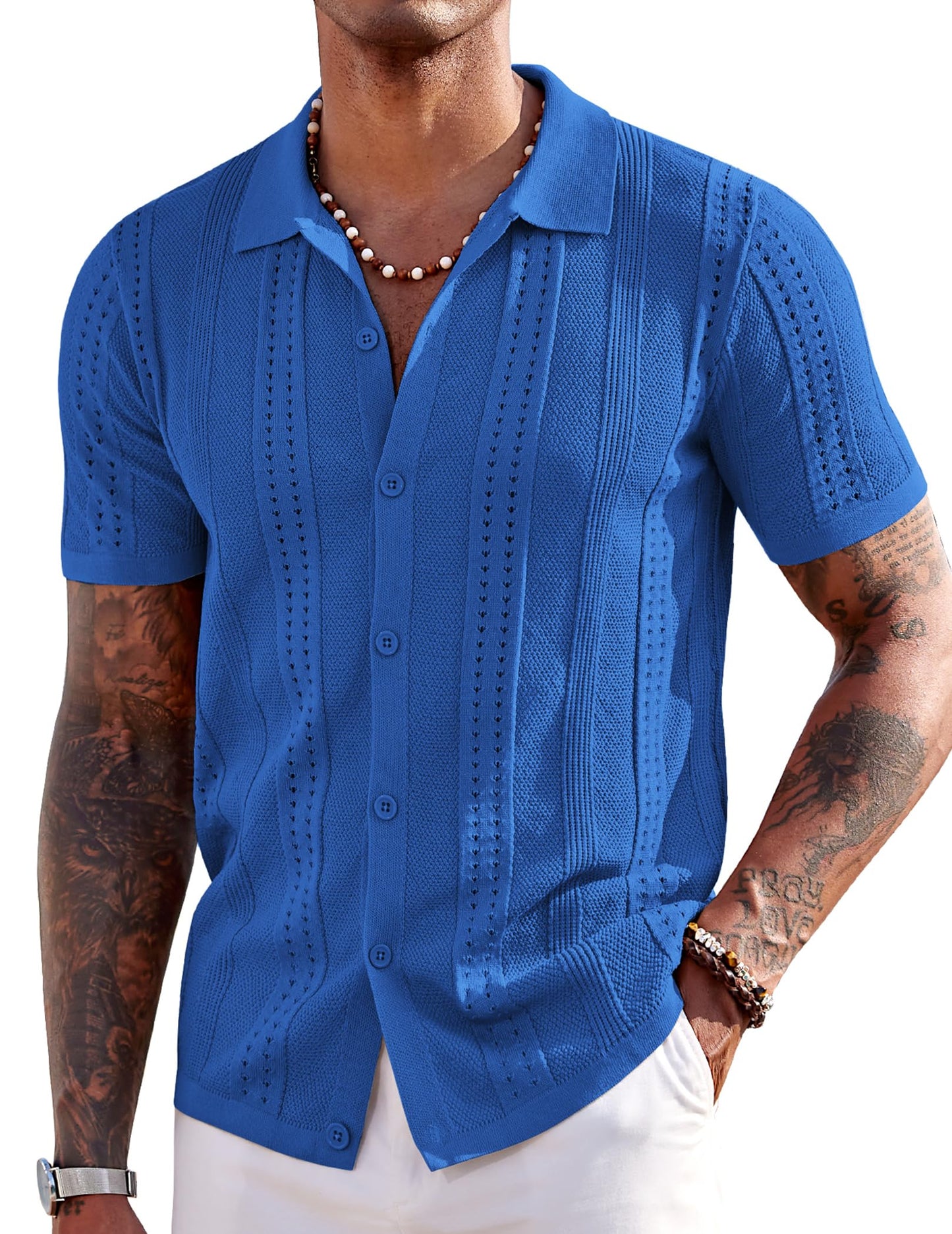 COOFANDY Men's Knit Shirts Short Sleeve Button Down Polo Shirt Fashion Casual Summer Beach Shirts