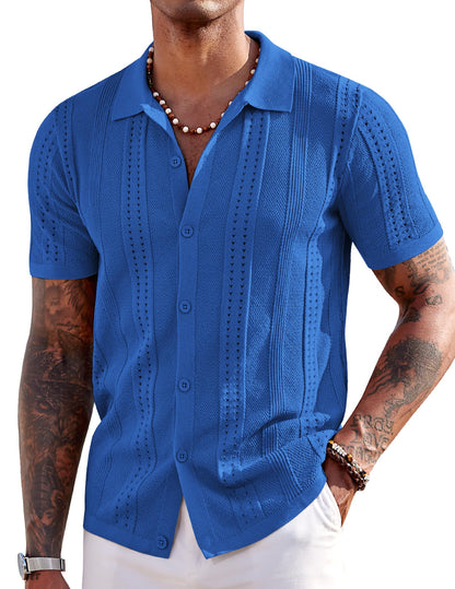 COOFANDY Men's Knit Shirts Short Sleeve Button Down Polo Shirt Fashion Casual Summer Beach Shirts