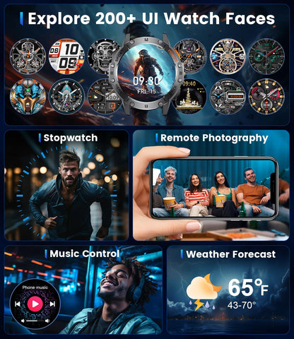Smart Watch for Men for Android/iOS(3 Bands),1.43’’ AMOLED Display Sport Watch with 123 Sport Modes/FlashLight,5ATM Waterproof Fitness Tracker with Blood Pressure/Heart Rate/Sleep Monitor,Metal