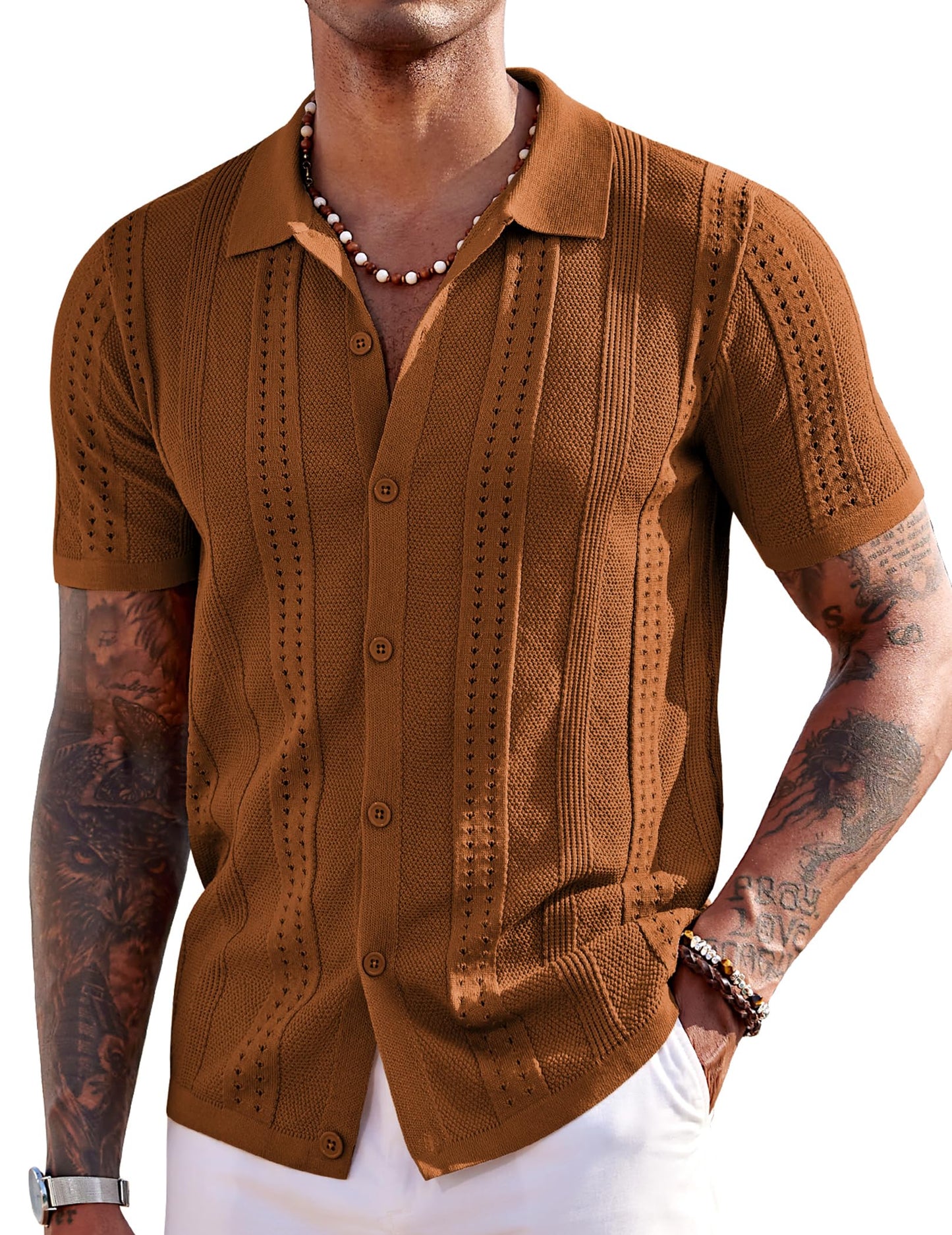COOFANDY Men's Knit Shirts Short Sleeve Button Down Polo Shirt Fashion Casual Summer Beach Shirts