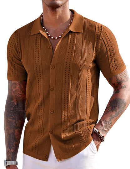COOFANDY Men's Knit Shirts Short Sleeve Button Down Polo Shirt Fashion Casual Summer Beach Shirts