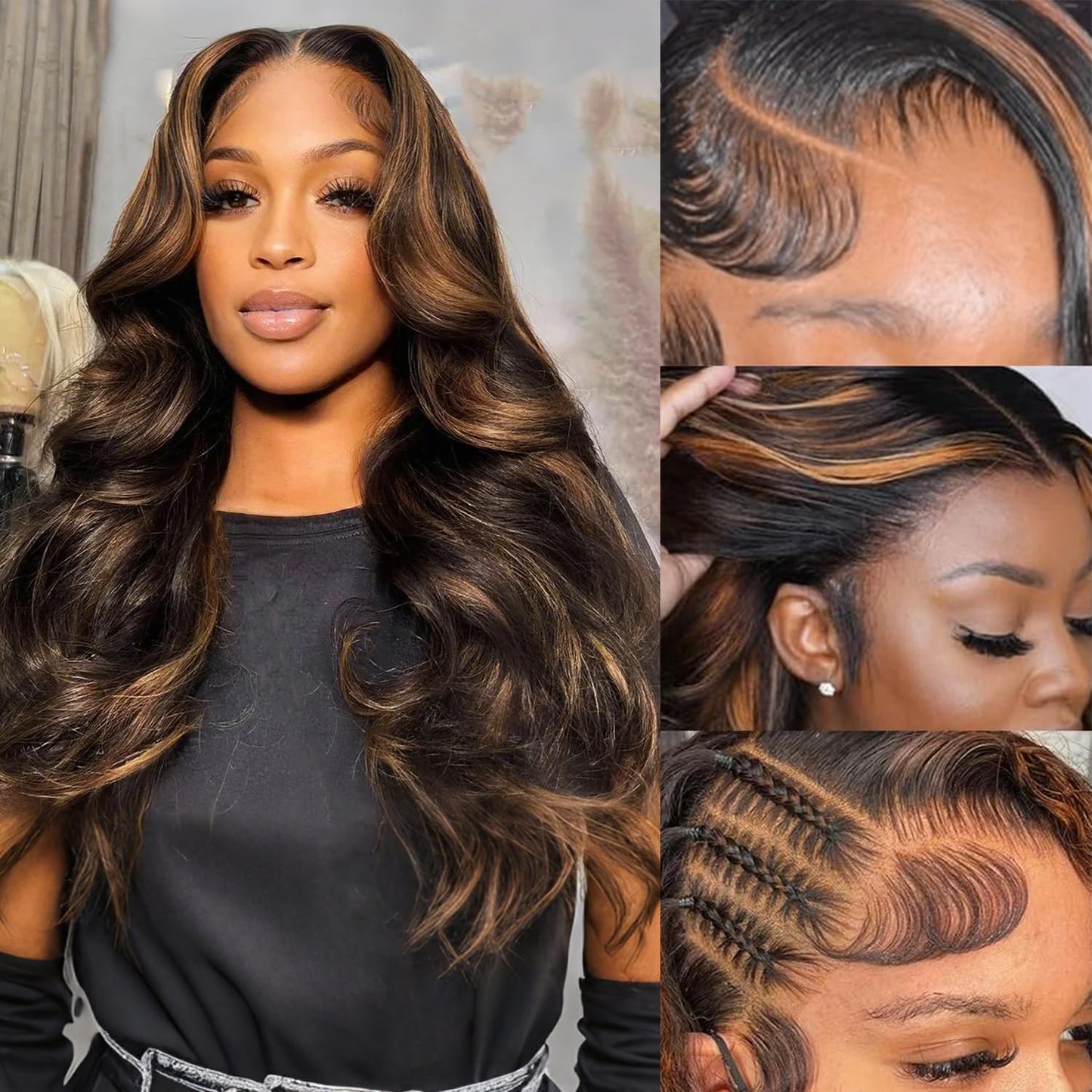 Highlight Ombre Lace Front Wig Human Hair Body Wave Lace Front Wigs Human Hair Pre Plucked 13x4 1B/30 Brown Highlight Wig 200 Density Colored 26 Inch Balayage Glueless Wigs for Women