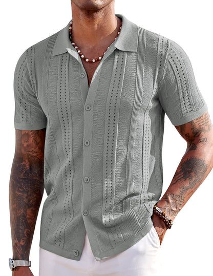 COOFANDY Men's Knit Shirts Short Sleeve Button Down Polo Shirt Fashion Casual Summer Beach Shirts